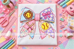 Floral Softball Bow PNG with Glove and Bats Product Image 3