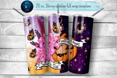 Halloween tumbler wrap sublimation design with quote Sorta Sweet Sorta Spooky, pumpkin, spiderweb, spiders, flowers and butterflies. 20 oz skinny tumbler png file for download. 