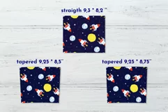 Boy tumbler wrap is 4 print designs with space rocket ship, moon, way in night in 3 sizes
