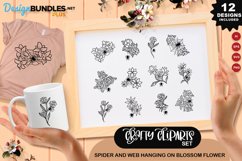 Spider And Web Hanging On Blossom Flower Clipart Set Product Image 1