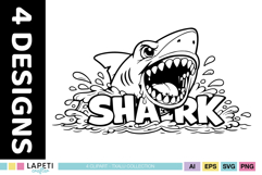 Shark design with open mouth and bold Shark lettering.