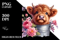 Cute Baby Highland Cow in Wood Bucket PNG Product Image 1