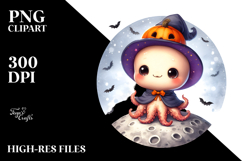 Retro Baby Octopus on a Moon PNG Product Image 2