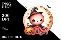 Retro Baby Octopus on Moon, PNG Product Image 3