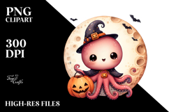 Retro Baby Octopus on Moon, PNG Product Image 2