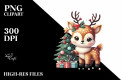 Retro Winter Baby Deer Christmas Tree PNG Product Image 1