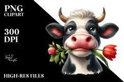 Watercolor Cow Portrait with Tulip Clipart Product Image 3