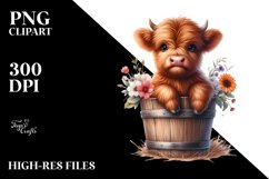 Cute Baby Highland Cow Wood Bucket Flowers PNG Product Image 3
