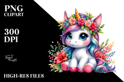Cute Baby Unicorn with Floral Wreath PNG Product Image 2