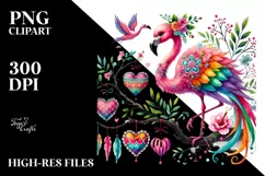 Colorful Adorned Flamingo on Tree Branch with Hearts PNG Product Image 2