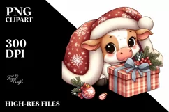 Cute Baby Cow Hiding Behind Gift Box, Winter PNG Product Image 3