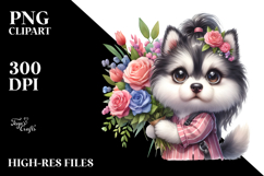 Baby Siberian Husky Flower Bouquet Clipart Product Image 2