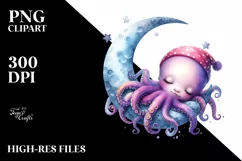 Colorful Baby Octopus Sleeping on Moon Clipart Product Image 3
