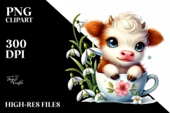Smiling Baby Highland Cow with Snowdrop PNG Product Image 2