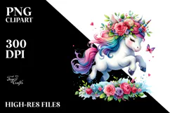 Cute Unicorn Jumping Floral Wreath PNG Product Image 2