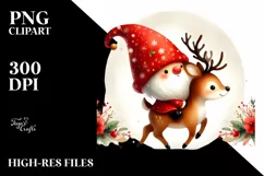 Vibrant Watercolor Christmas Gnome Riding a Deer PNG Product Image 1
