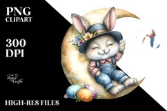 Watercolor Pink-ish Smiling Cute Bunny with Vintage Hat PNG Product Image 2