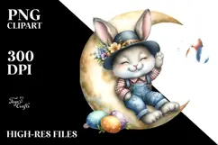 Watercolor Pink-ish Smiling Cute Bunny with Vintage Hat PNG Product Image 2