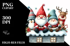 Cute Christmas Gnome, Santa, Penguin, Reindeer on a Roof PNG Product Image 1