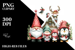Cute Christmas Gnome, Santa, Penguin, Reindeer on a Roof PNG Product Image 3