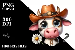 Watercolor Cow with Hat and Daisy Clipart Product Image 1