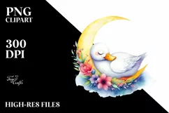Vibrant Watercolor Whimsical Duck Sleeping on the Moon Product Image 1