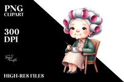 Tea Cup Old Lady Hair Curlers Chair | Sublimation Clipart Product Image 2