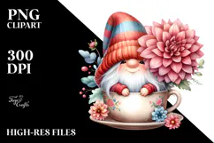 Cute Gnome with Dahlia Floral Cup PNG Product Image 2