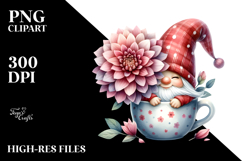 Cute Gnome with Dahlia Floral Cup PNG Product Image 2
