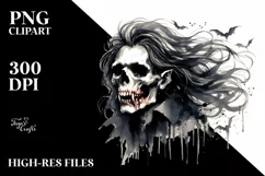 Washed Watercolor Style Halloween Vampire Skull with Hair Product Image 3