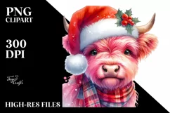 Pink Highland Cow with Santa Hat, PNG Product Image 6