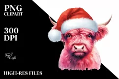 Pink Highland Cow with Santa Hat, PNG Product Image 2