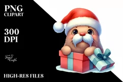 Watercolor Walrus with Santa Hat PNG Product Image 3