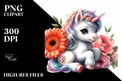 Cute Baby Unicorn with Gerbera Clipart Product Image 1