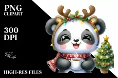 Watercolor Panda with Reindeer Horns and Lights PNG Product Image 1