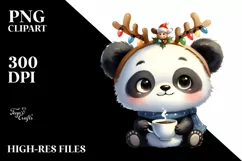 Watercolor Panda with Reindeer Horns and Lights PNG Product Image 1