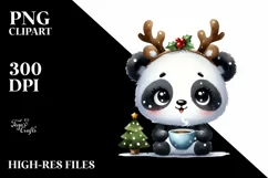 Watercolor Panda with Reindeer Horns and Lights PNG Product Image 3