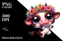 Ridiculously Cute Cartoon Cow with Flower Crown PNG Product Image 2