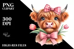 Shy Highland Cow with Tulip and Rose | Sublimation | Clipart Product Image 3
