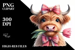 Shy Highland Cow with Tulip and Rose | Sublimation | Clipart Product Image 1