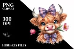 Shy Highland Cow with Tulip and Rose | Sublimation | Clipart Product Image 1