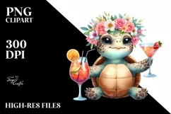 Watercolor Young Turtle enjoying Cocktail Clipart Product Image 1