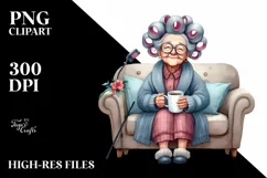 Tea Cup Old Lady Hair Curlers Couch | Sublimation Clipart Product Image 1