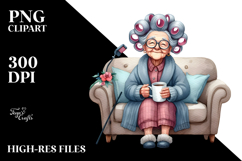 Tea Cup Old Lady Hair Curlers Couch | Sublimation Clipart Product Image 2