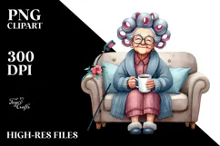 Tea Cup Old Lady Hair Curlers Couch | Sublimation Clipart Product Image 2