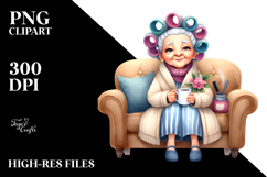 Tea Cup Old Lady Hair Curlers Couch | Sublimation Clipart Product Image 2