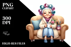 Tea Cup Old Lady Hair Curlers Couch | Sublimation Clipart Product Image 3