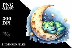 Colorful Baby Frog Sleeping on Moon Clipart Product Image 1