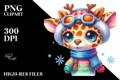 Watercolor Giraffe with Reindeer Horns and Sky Goggles PNG Product Image 3