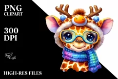 Watercolor Giraffe with Reindeer Horns and Sky Goggles PNG Product Image 1